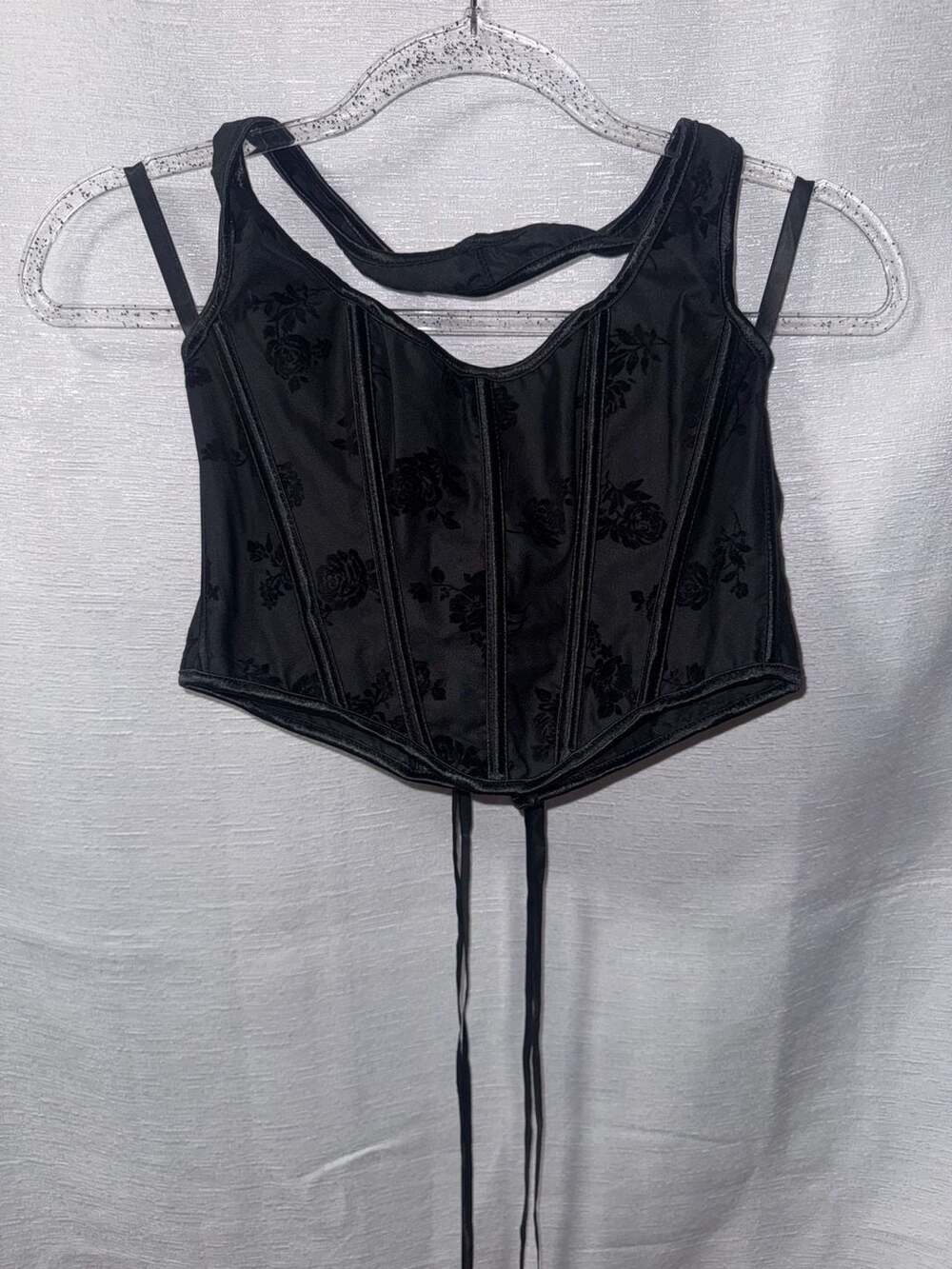 Black Floral Jacquard Halter Neck Corset Crop Top with Lace-Up Back
